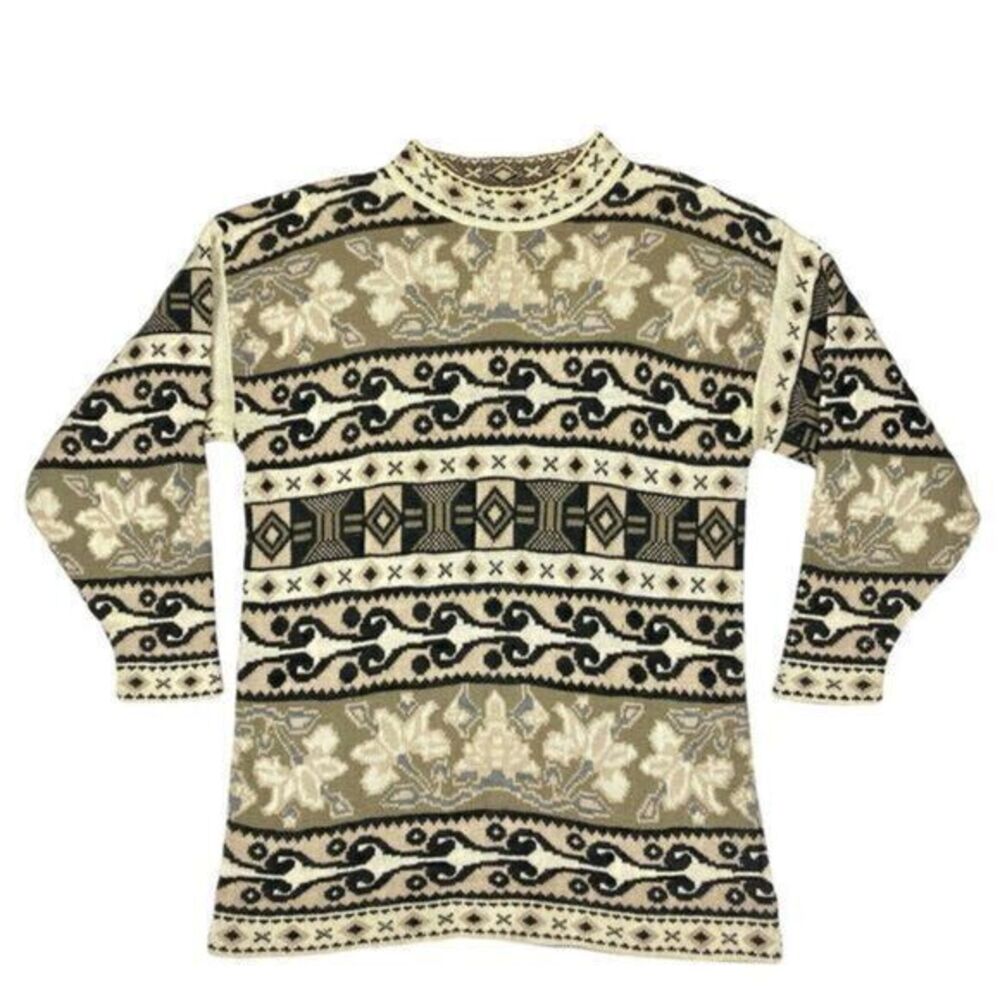VTG Adina Sweater Sz M Gray Black Mock Neck Art Deco Boho Tribal Print Pull Over
